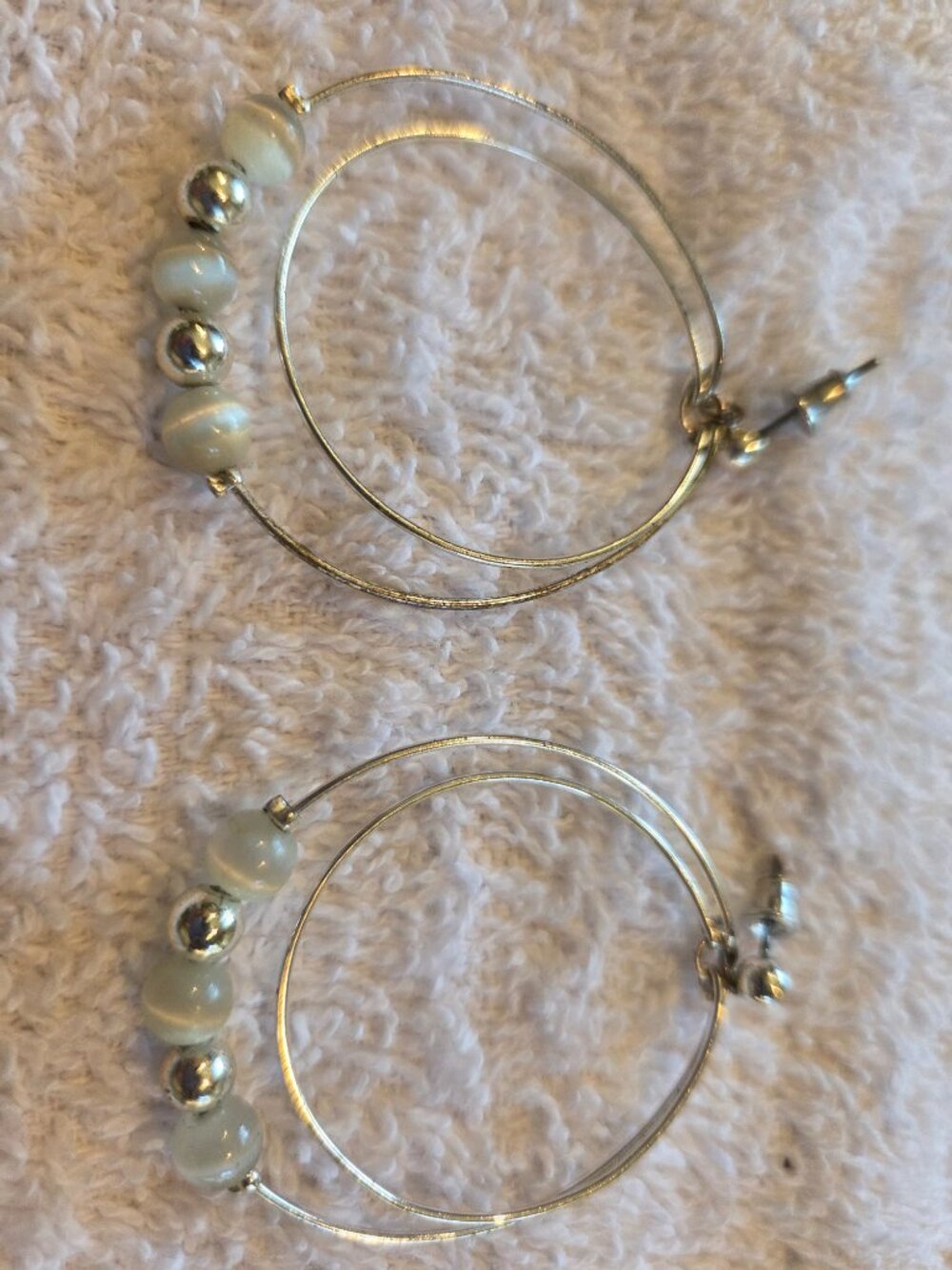 Silver Hoop Earrings with White Beads